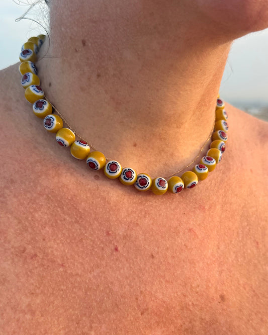 Yellow bead and flower necklace